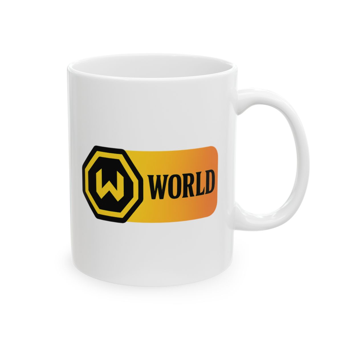 Black and yellow coffee mug with a hexagonal logo and the word "WORLD" printed on the front. The mug has a black rim and handle.